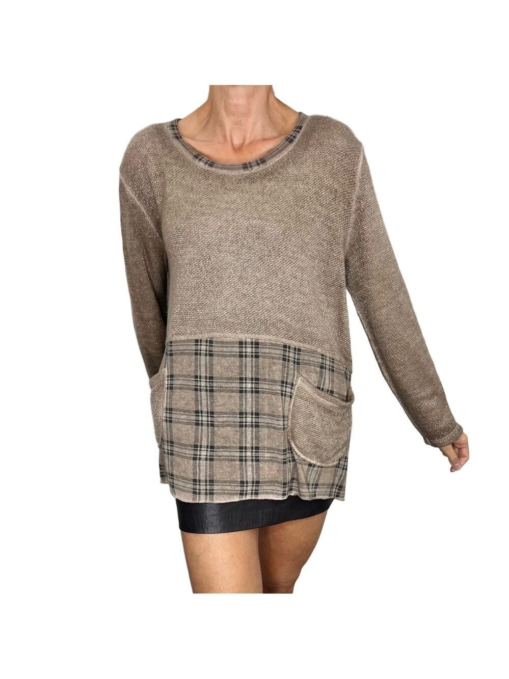 Eternelle Italy mohair blend taupe brown plaid mixed media tunic sweater L/XL